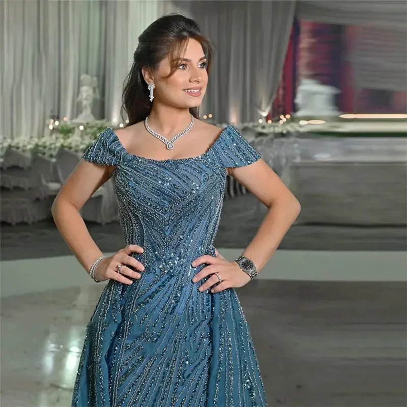 Blue Sequin Luxury Long Evening Dresses  For Arabic Prom Wedding Gowns With Detachable Train Off the Shoulder