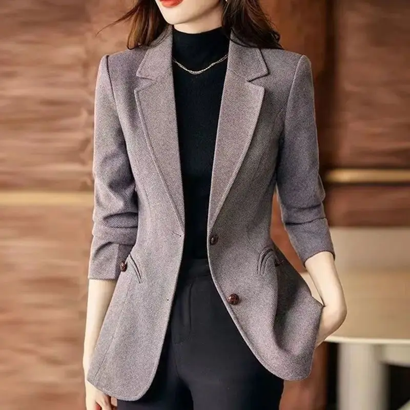 Women's Autumn Winter New Fashion Elegant Polo Collar Striped Button Korean Style Temperament Long Sleeved Slim Fit Suit Coat