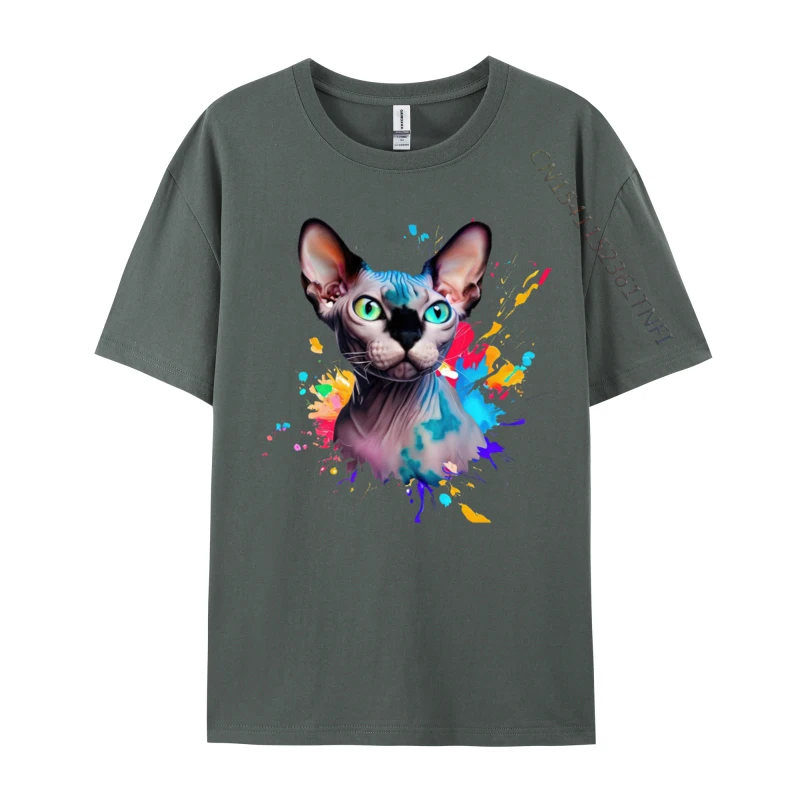 Sphynx cat Colourful Splashes Of Paint Abstract Art Cat Print Tops T Shirt Cotton Mens T Shirt T Shirts New