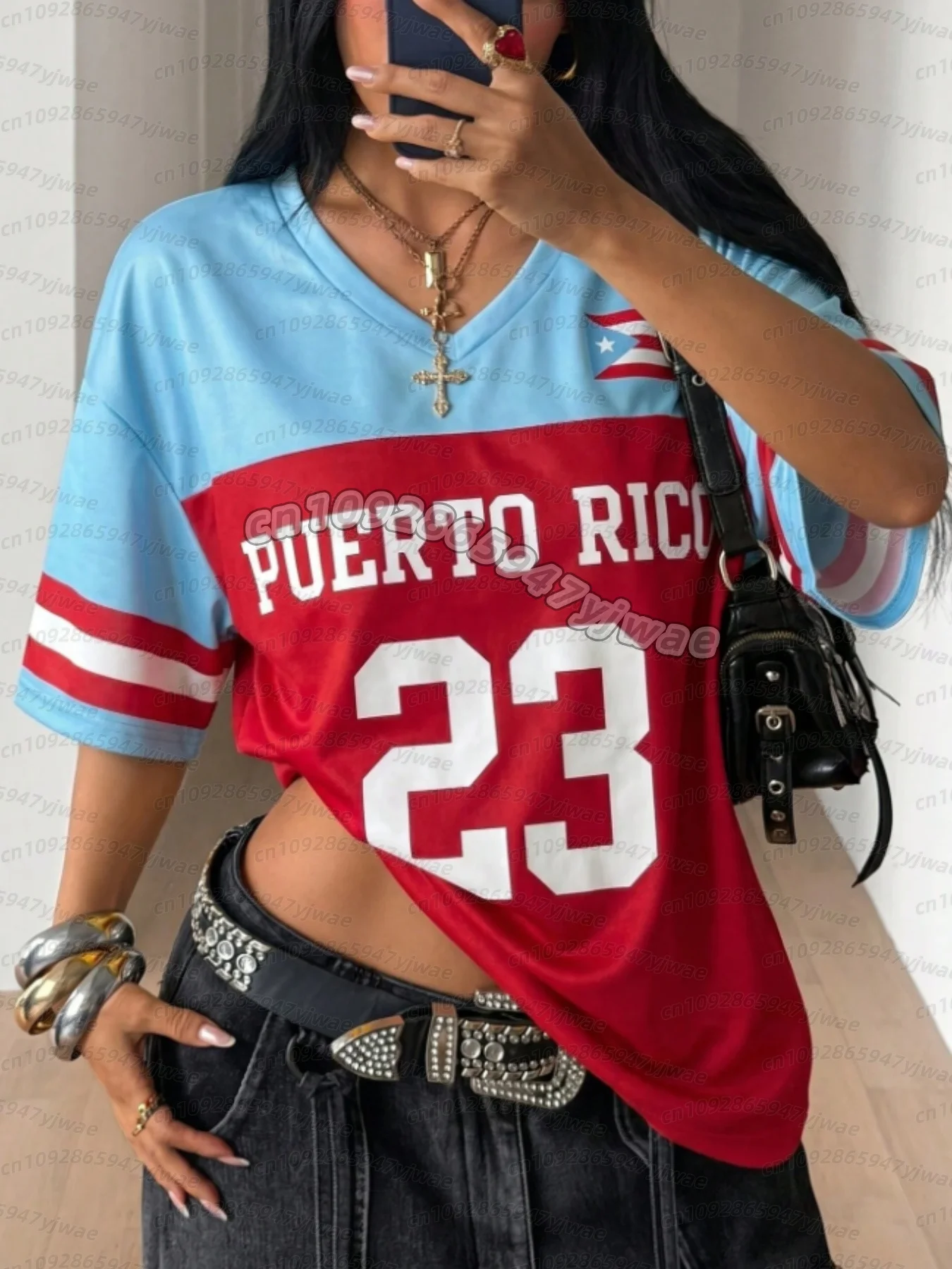 2026 Women Red and Blue Retro Puerto Rico 23 Sports Jersey T Shirt Summer Short Sleeve Loose Fit Sporty Stylish Y2K Men womenTee