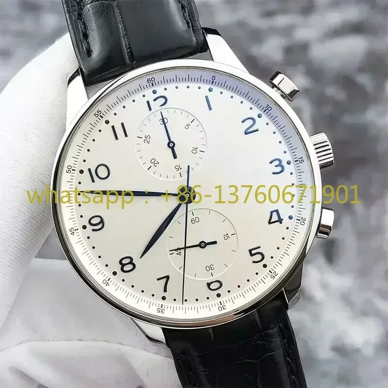 Top Quality Quartz Chronograph VK63 Portugueses Series Leather Watch Men Business Black White Wristwatch 43mm