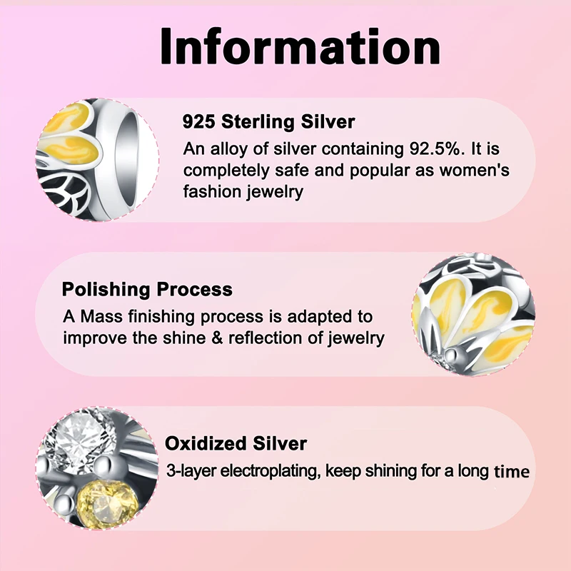 925 Sterling Silver Yellow Bee Flower Pendant Charm Fit  Charms Bracelets Women DIY Jewelry Gift image 4