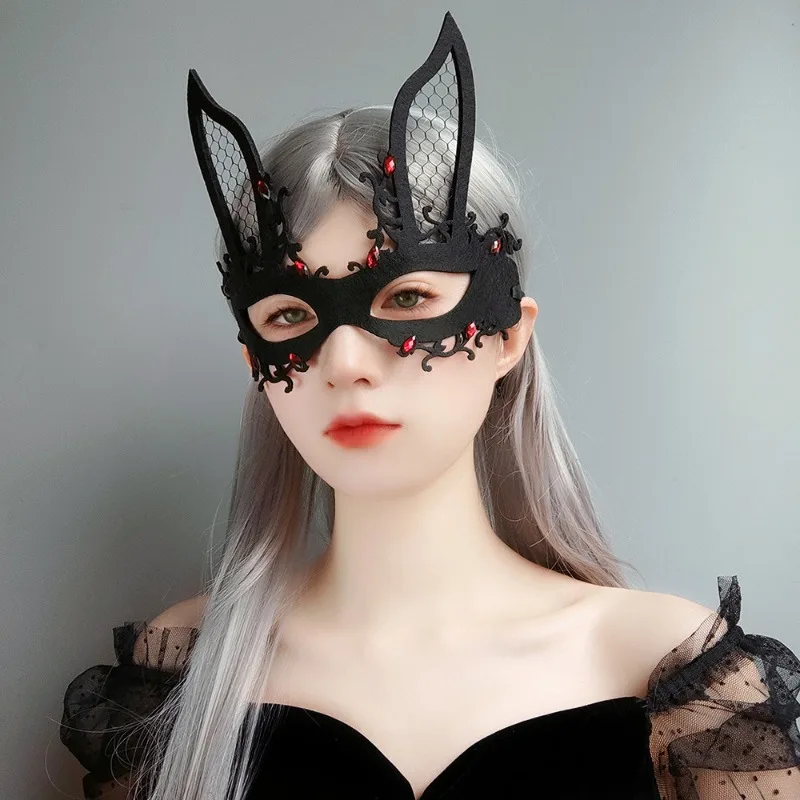 Black Flower Mask Masquerade Costume Props Half Face Mask Eye Patch Rabbit Masquerade Eyemask Bunny Ears Masquerade Face Cover