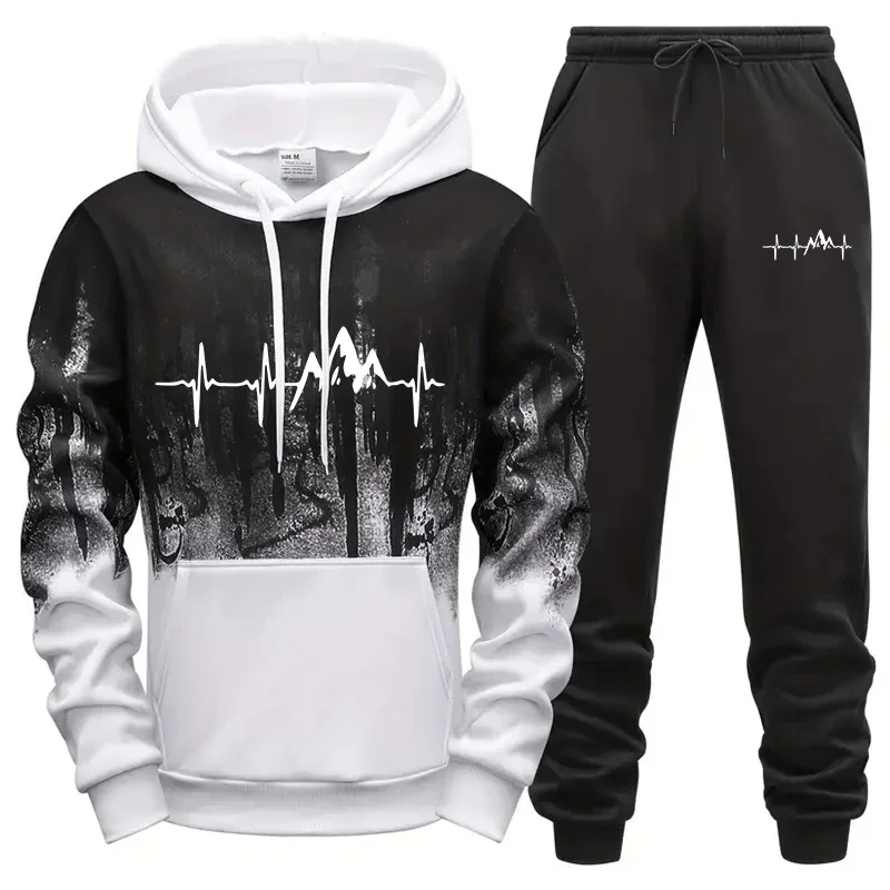 Mens Tracksuit Print Single Piece Casual Splash-ink Hooded Sweatshirt Pants Sports Jogging Mens Clothing AutumnWinter Streetwear