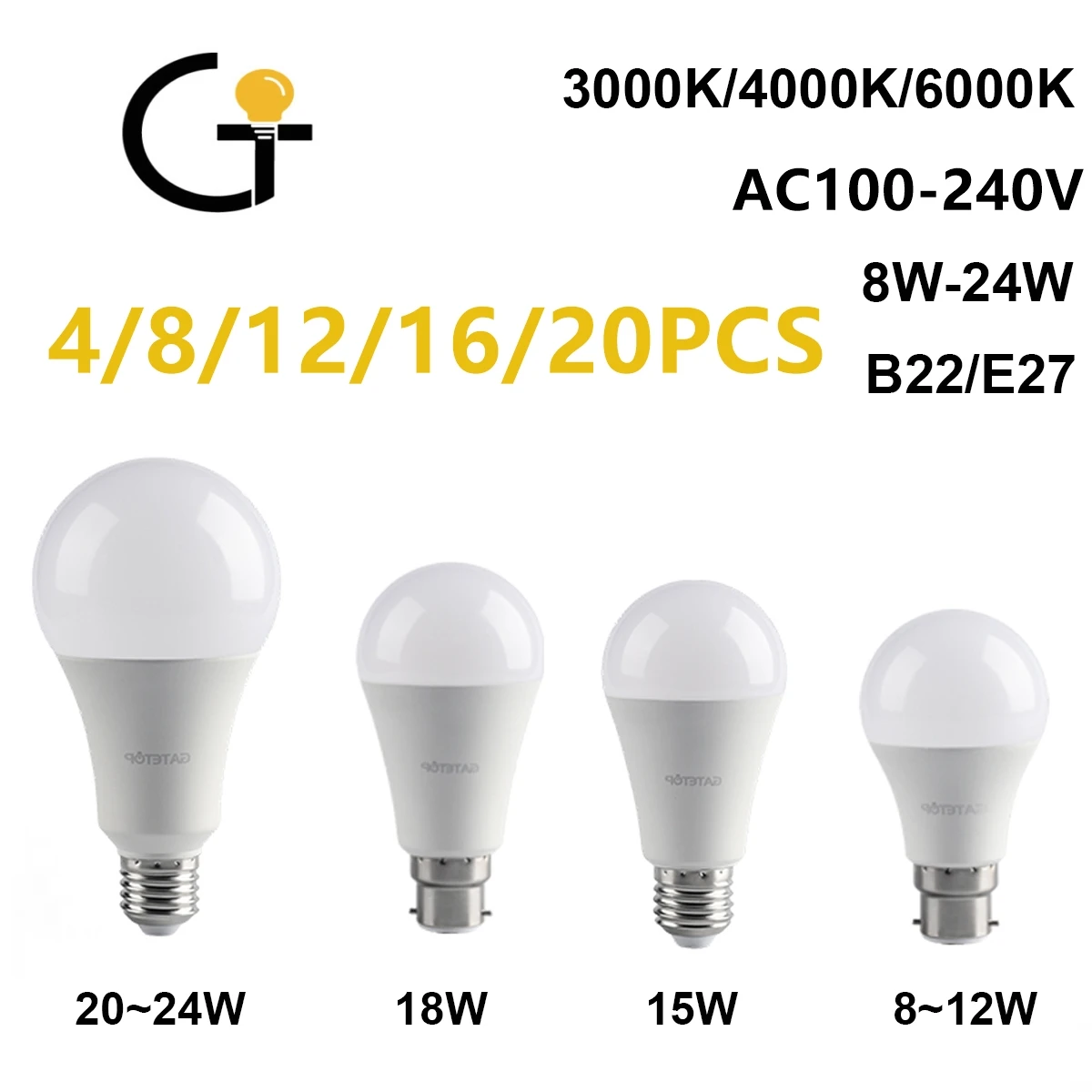 4-20PCS AC110V/AC220V Led energy conservation Bulb Lamps E27 B22  Light Real Power 8W-24W No strobe warm white light