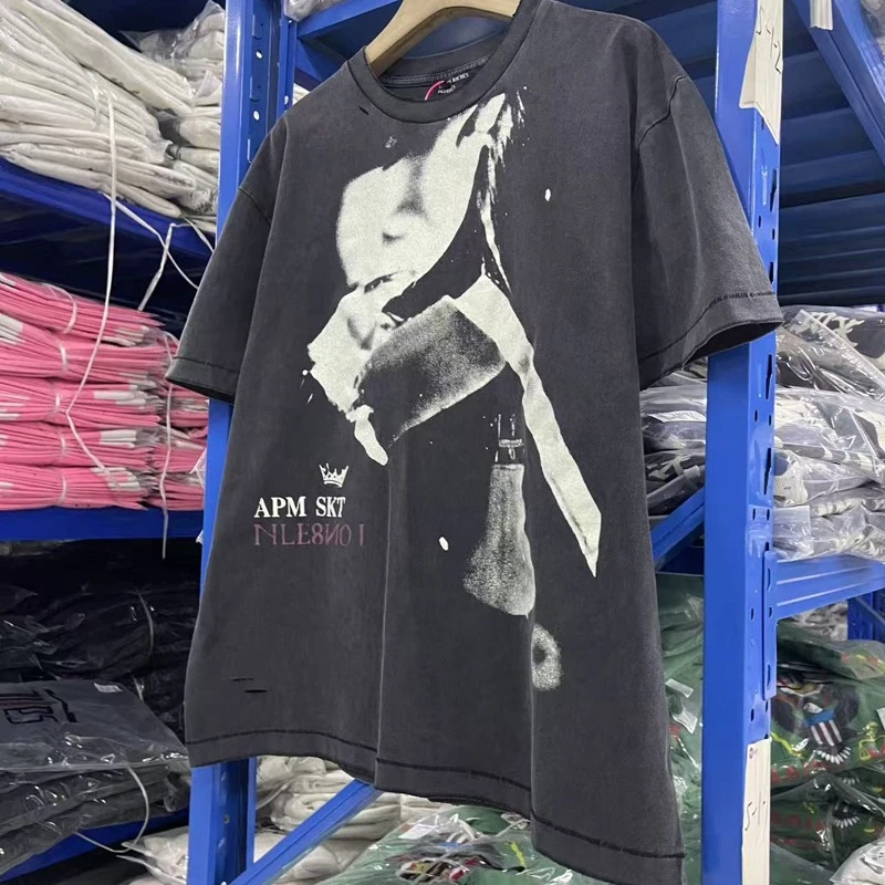 High Street Lonely Happiness Pattern Vintage Washed Retro Distressed Loose Short-sleeved T-shirt for Men Women