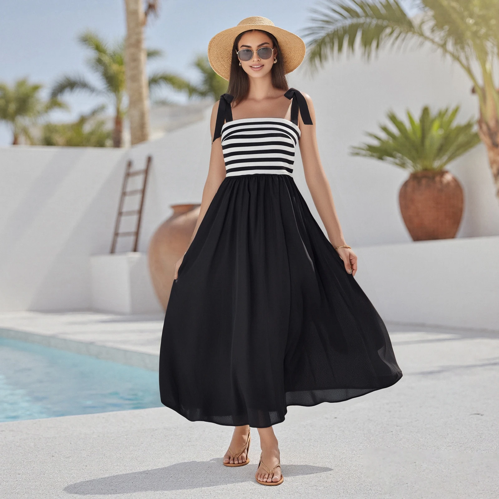 

Women Summer Sleeveless Long Dresses Casual Striped Print Patchwork Tie up Strap A-Line Party Beach Club Dress