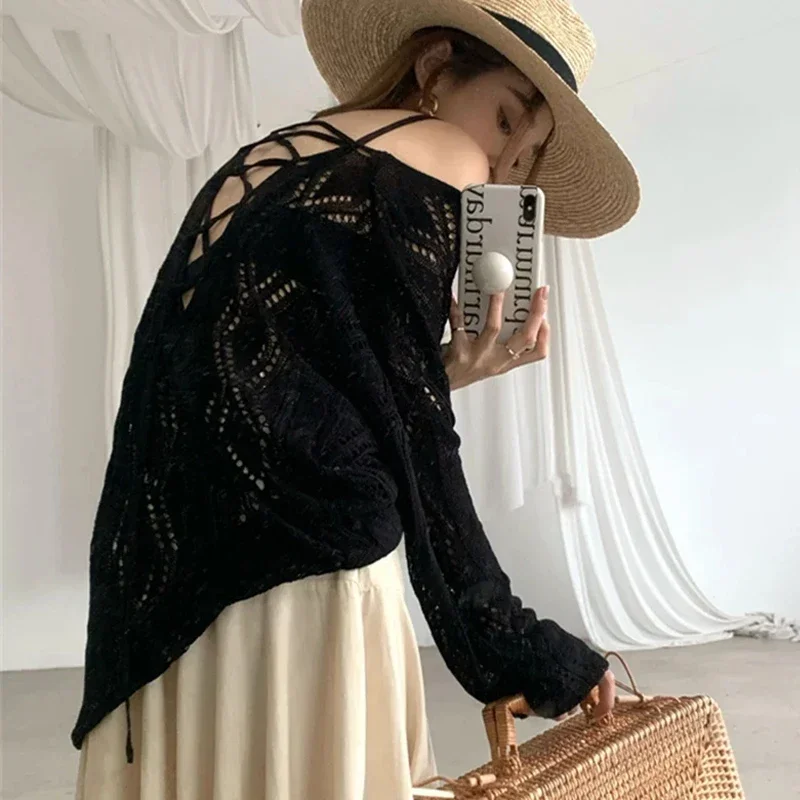 

Осенняя новая женская одежда, тонкая трикотажная женская рубашка с длинными рукавами, однотонный трикотаж на шнуровке сзади, свободная блузка