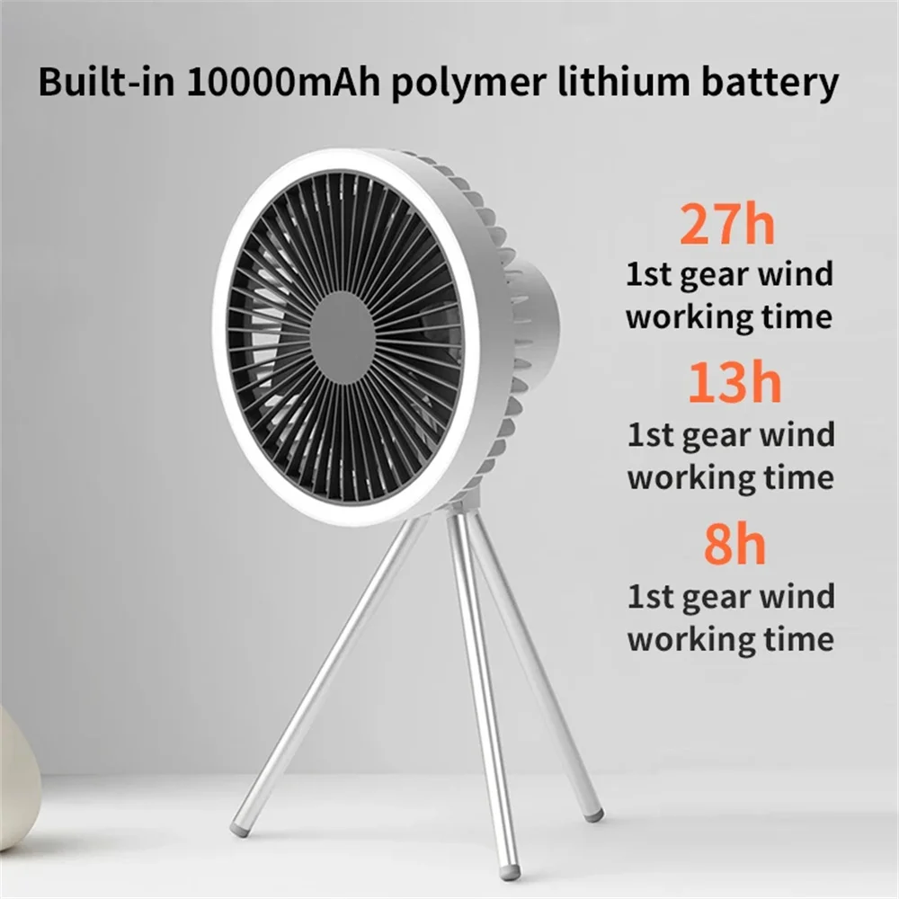 Ventilador portátil para acampada, miniventilador multifunción con LED recargable de 10000mAh, con trípode USB, adecuado para viaje y acampada