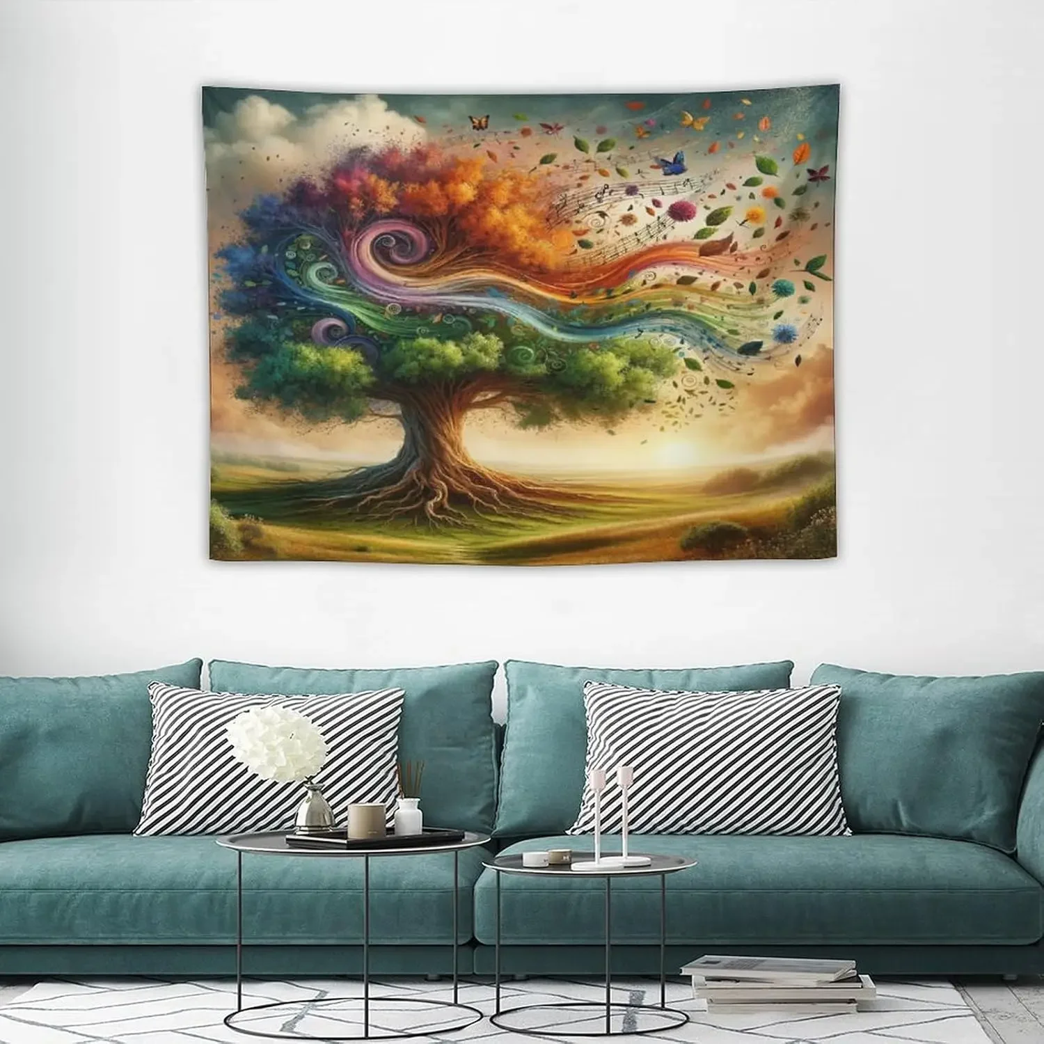 Tree of Life Tapestry Vibrant Forest Colorful Rainbow Tree Music Note Pattern Printed Wall Tapestry Wall Hanging for Bedroom