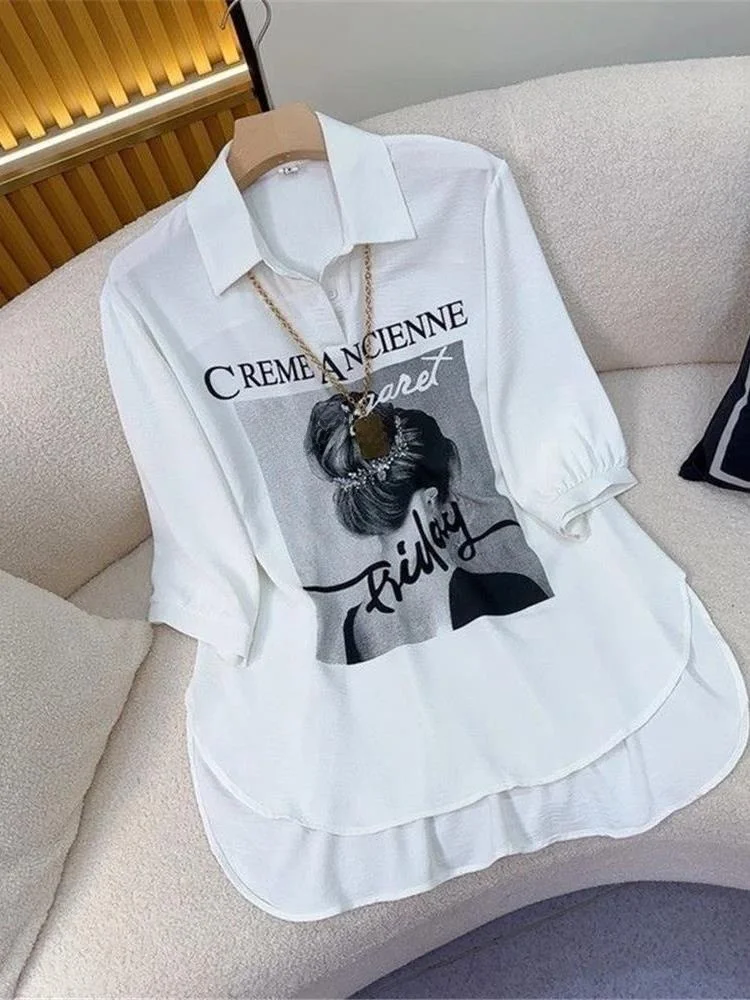 Loose Printed  Neck Mid-Length Shirt Women's Casual Outerwear T-shirt plus Size Slimming Summer European Style