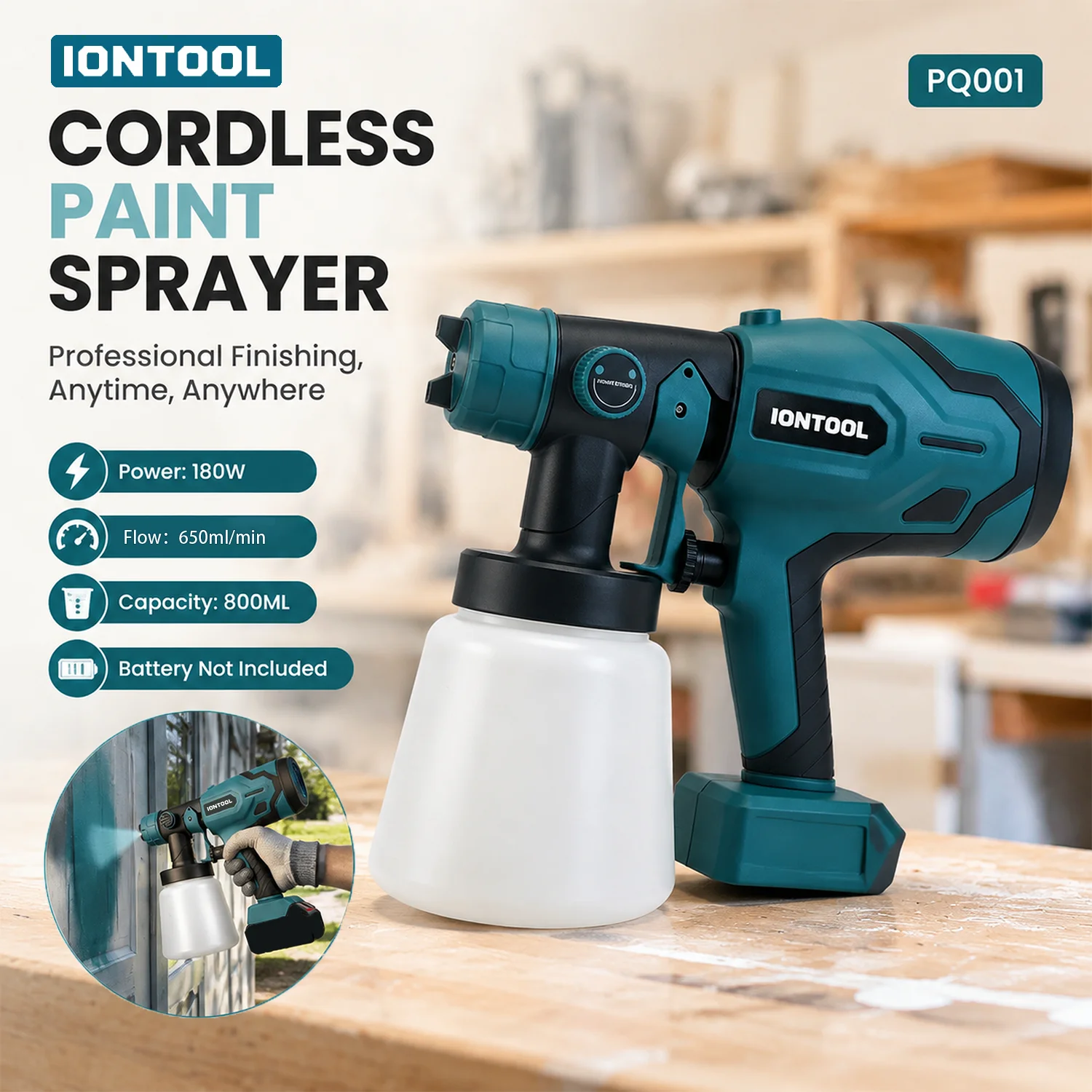 iontool-ハンドヘルドコードレススプレーガン-800mlタンク-住宅用フェンス塗装および屋外木材シーリングメンテナンス作業用
