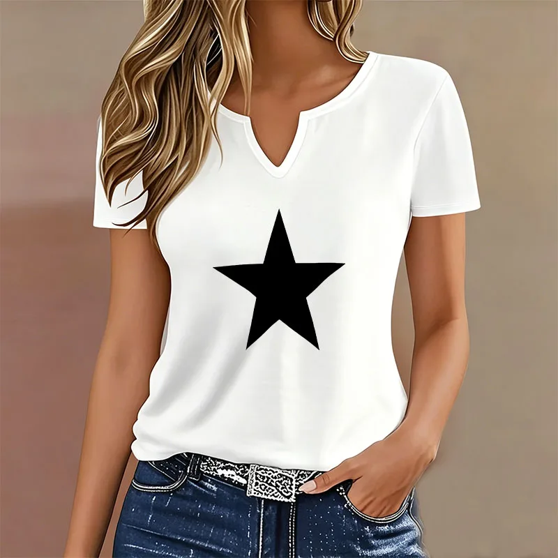 Streetwear Star Design V-Ausschnitt T-Shirt Lässige Mode Y2k T-Shirts Damen Kurzarm V-Neck Sommer Frühling Tee Shirt