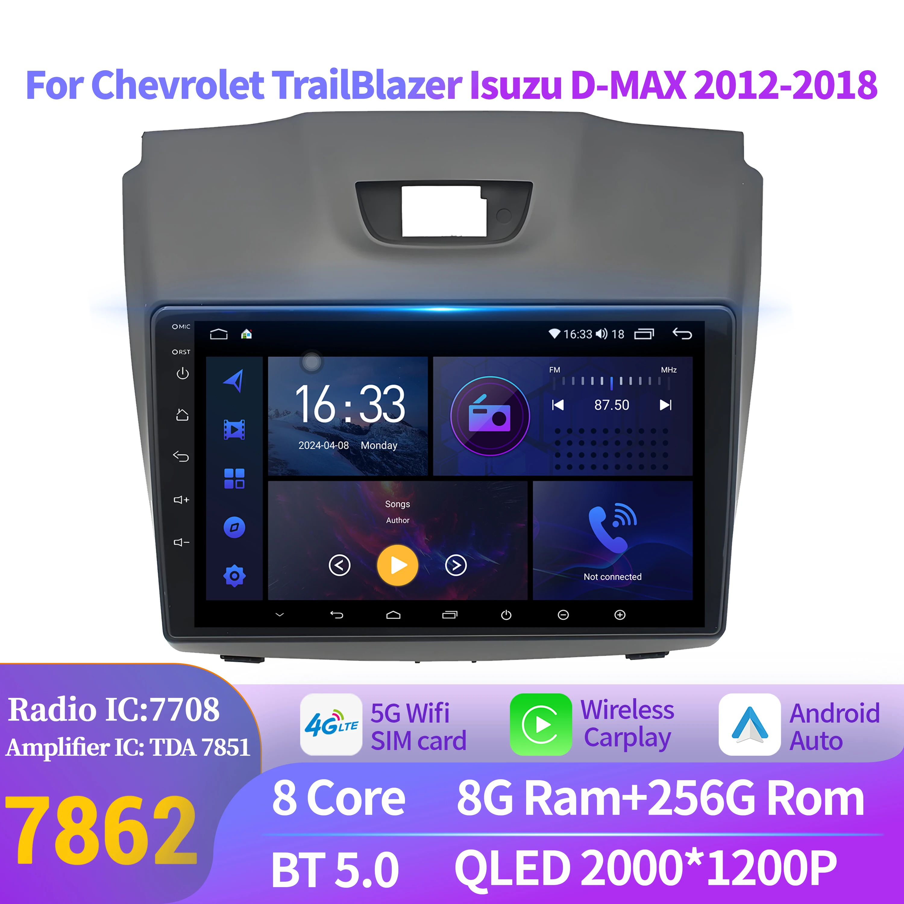 Android 14 For Chevrolet TrailBlazer Isuzu D-MAX 2012-2018 Radio Multimedia Navigation Multimedia Car Carplay 2K QLED Screen