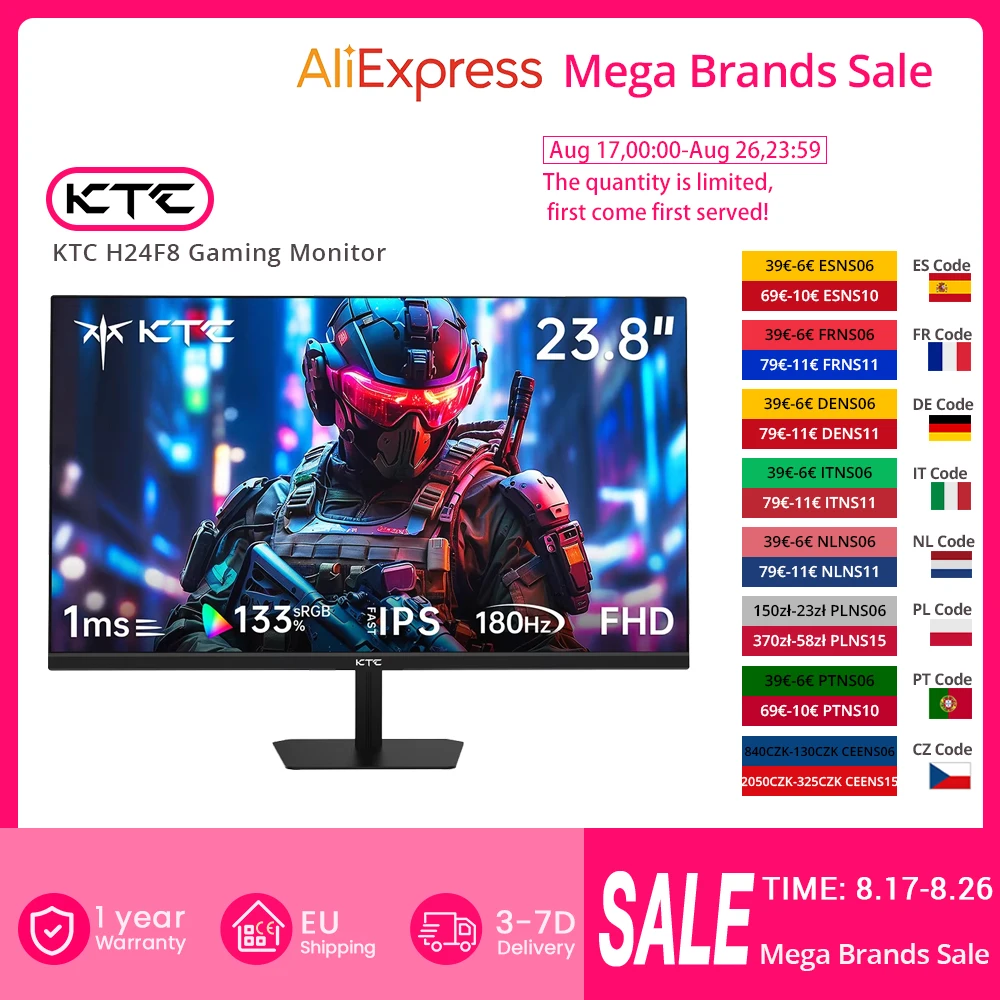 KTC H24F8 Gaming-Monitor, 23,8'' 1920*1080 16:9 schneller IPS-Bildschirm 180 Hz 1 ms Reaktionszeit 1000:1 Kontrastverhältnis, HDR10 VESA-Halterung