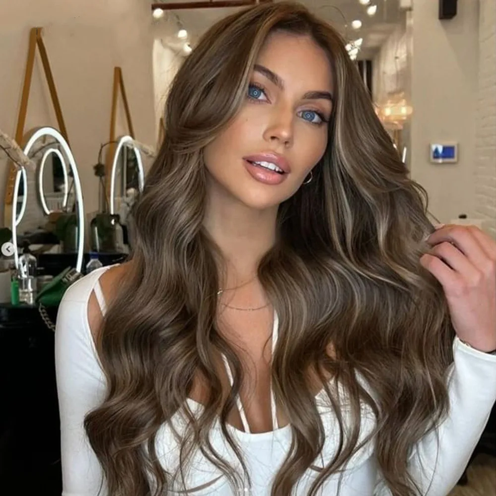 

Highlight Brunette Brown Long Wavy Wig Synthetic Layered Wig Heat Resistant Lace Front Wig for Women 24inch Middle Parting