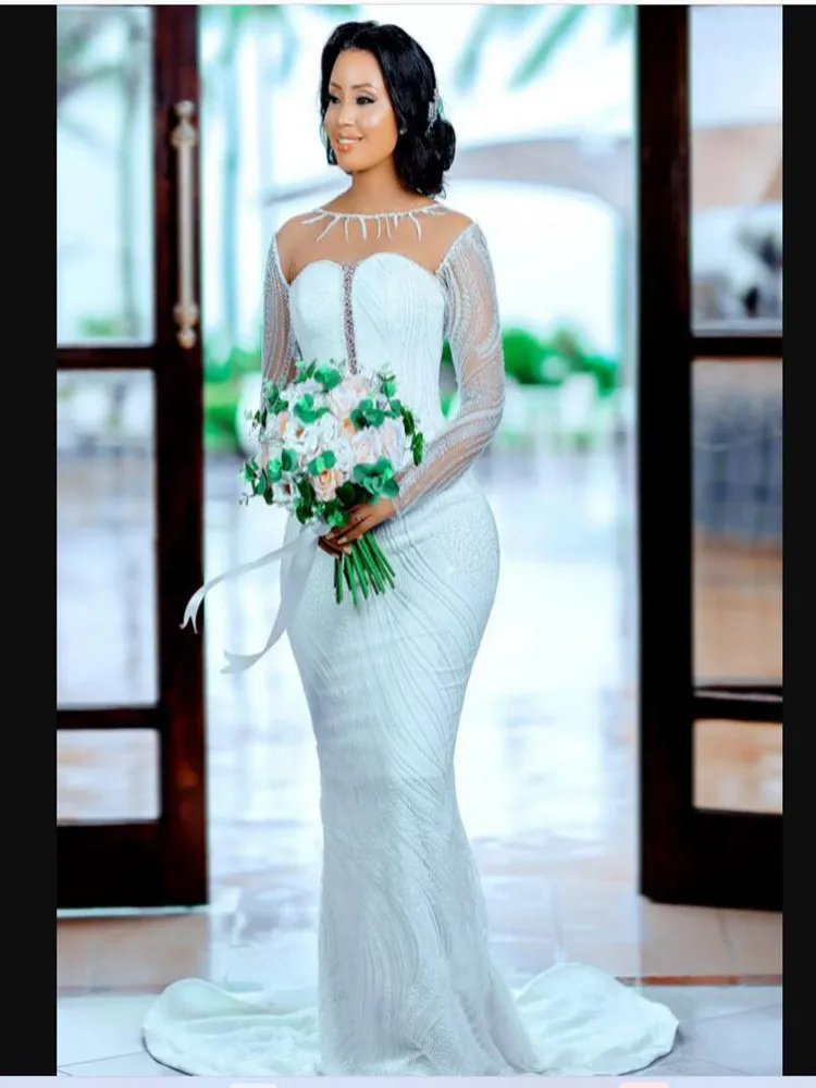 ที่กําหนดเองภาพลวงตา Scoop ลูกปัดชุดเดรสเมอร์เมด Robe De Mariée 2023 Sweep Train แขนยาวลูกไม้ Appliques เจ้าสาว Gow