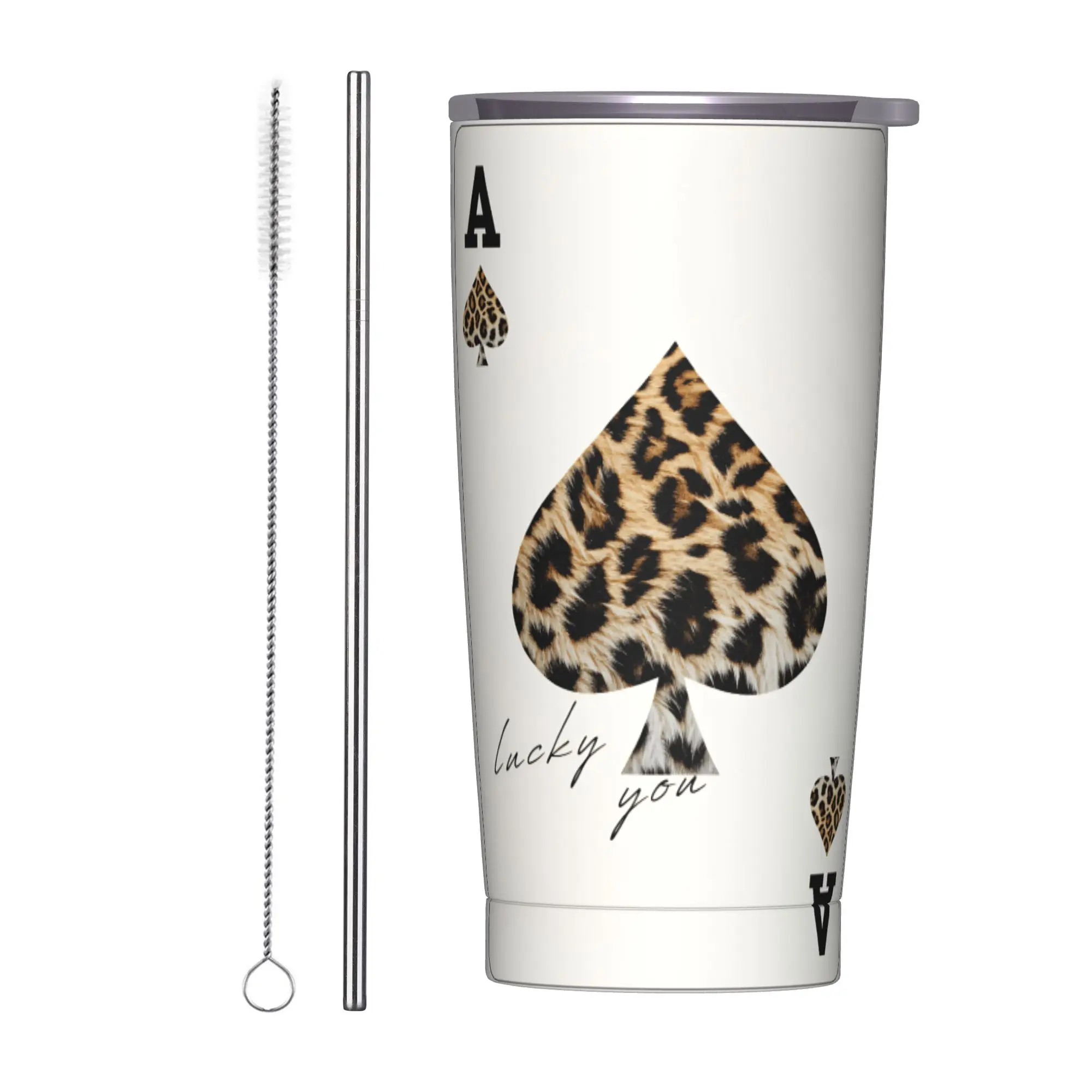Leopard & Card Print Tumbler  Leakproof Cold and Hot Water Bottle Stainless Steel Beach Coffee Mug,