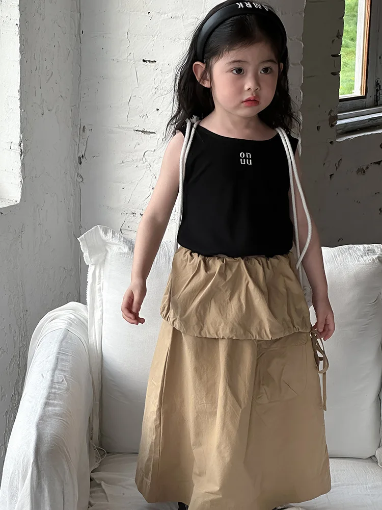 Baby Girl Top Children Embroidered Letter Vest 2024 New Summer New Girls Waffle Sleeveless Comfort Soft Simple Top T-shirt