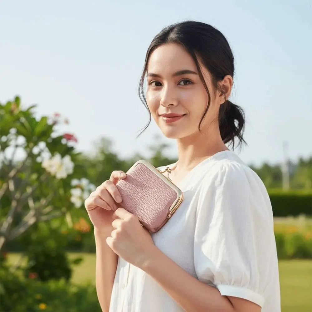 Coin Pouch Portable Kiss Lock Wallet Solid Color Multiple Card Slots 2 in 1 Card Bag Short Fashion Leather Coin Purse School