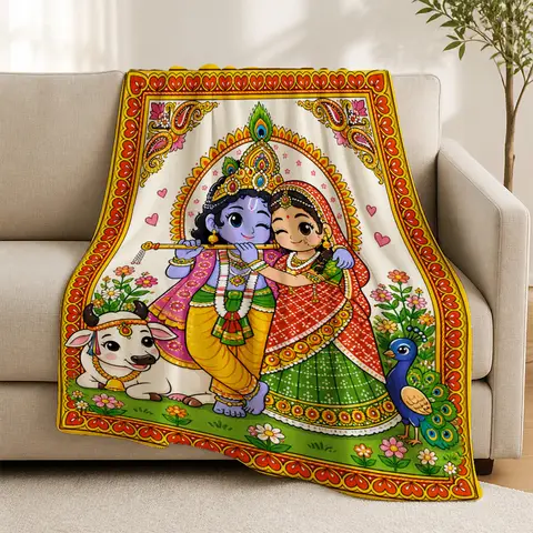 Luxurious Krishna Radha Indian Art Print Sofa Throw Blanket Ethnic Boho Home Decor Hindu Festival Spiritual Tapestry Cushy Cover