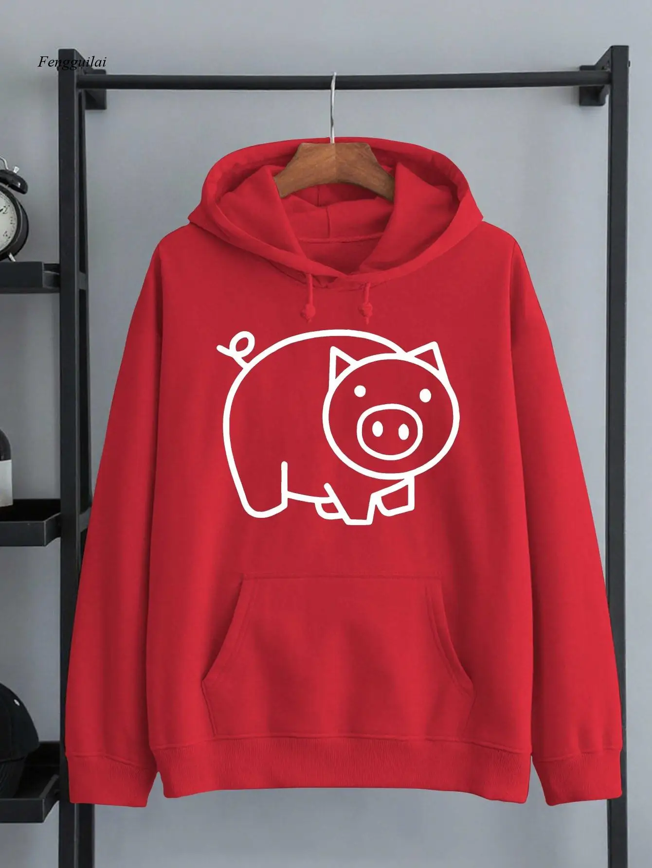 Pig New Fashionable Clothing | American Trendy Street Style Printed Autumn And Winter Velvet Warm Sweatshirt Hooded Pullover