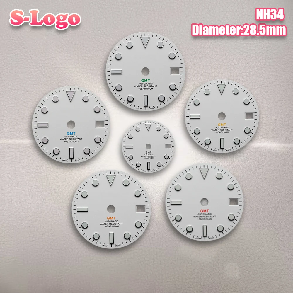 

28,5 мм S логотип, белый матовый циферблат NH34 GMT, подходит для механизма NH34, зеленый светящийся аксессуар для модификации часов, инструменты для ремонта часов