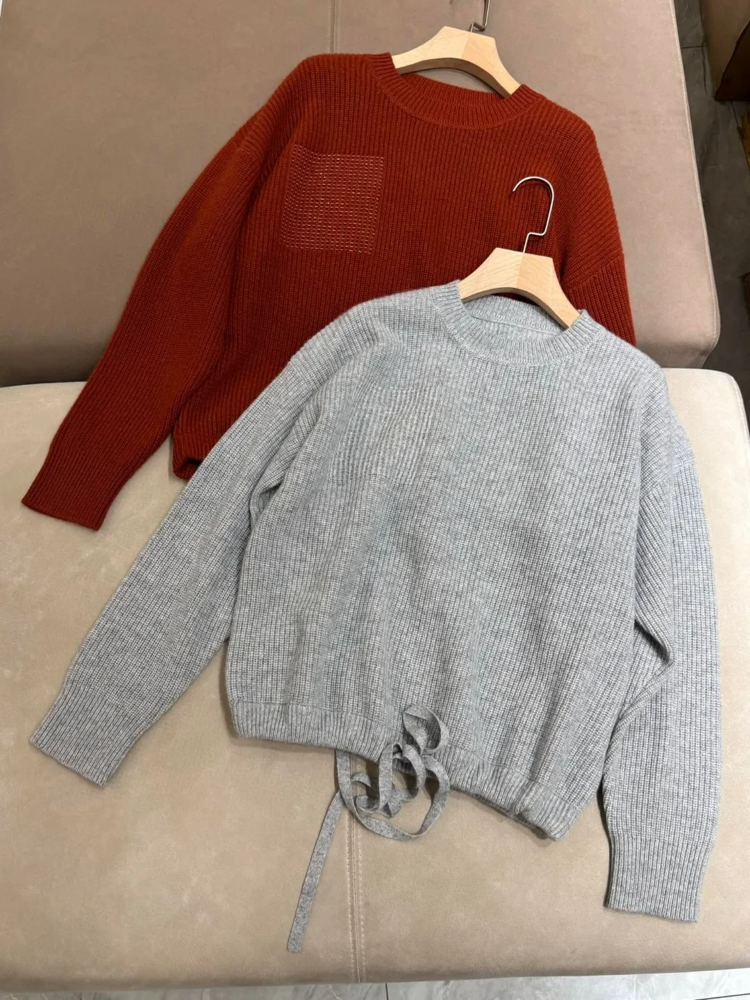 Bead Chain Women Cashmere Sweater Waist Lace-up O-Neck Long Sleeve Solid Color Casual Knitted Pullover