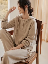 Knitted Tracksuit Set for Women Warm Hooded Pullover Jogging Pant Suits Casual Wide-leg Pants Winter and Autumn 2-Piece