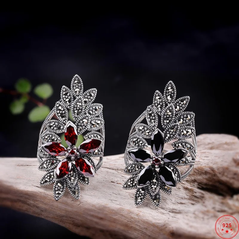 S925 Sterling Silver Charms Rings for Women New Fashion Hollow Sunflowers Inlaid Garnet Agate Zircon Jewelry Free Shipping