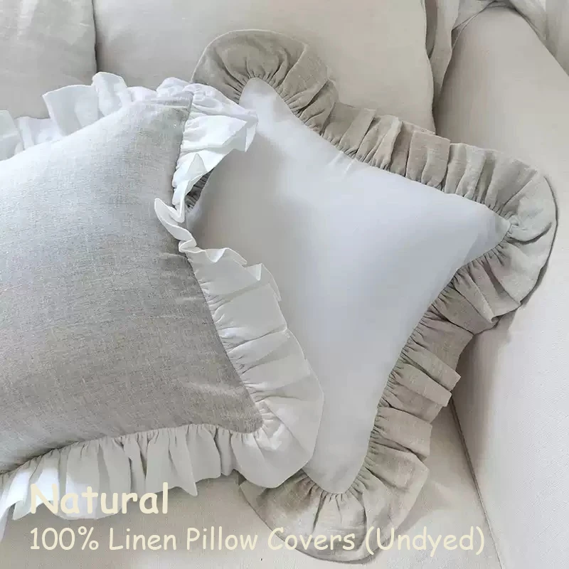 1 Pc Decorative 100% Linen Boho Throw Pillow Covers Natural Beige Neutral Throw Pillow with Handmade Ruffles for Couch Bed Patio