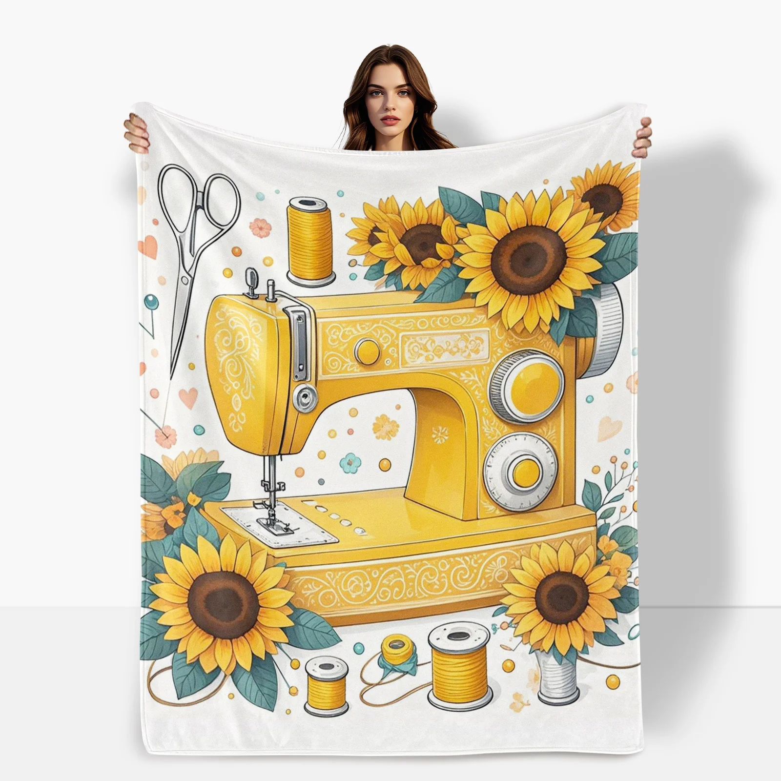 

Whimsical Sewing Machine With Sunflower Design Vibrant Yellow Cartoon Blanket Unique Gift For Best Friends Fun And Playful