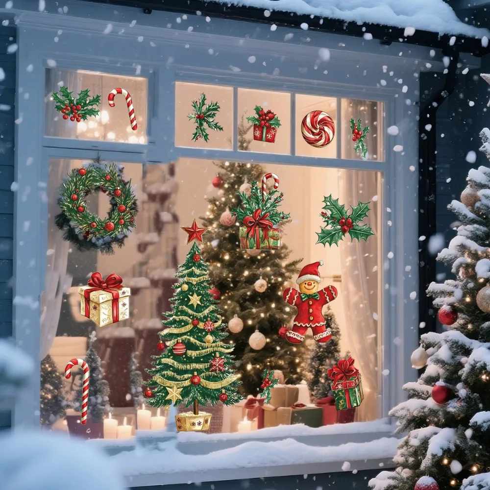 ملصقات نافذة شجرة عيد الميلاد هدية عناصر عيد الميلاد ملصقات زجاجية لتزيين النوافذ ديكور المنزل والمهرجانات