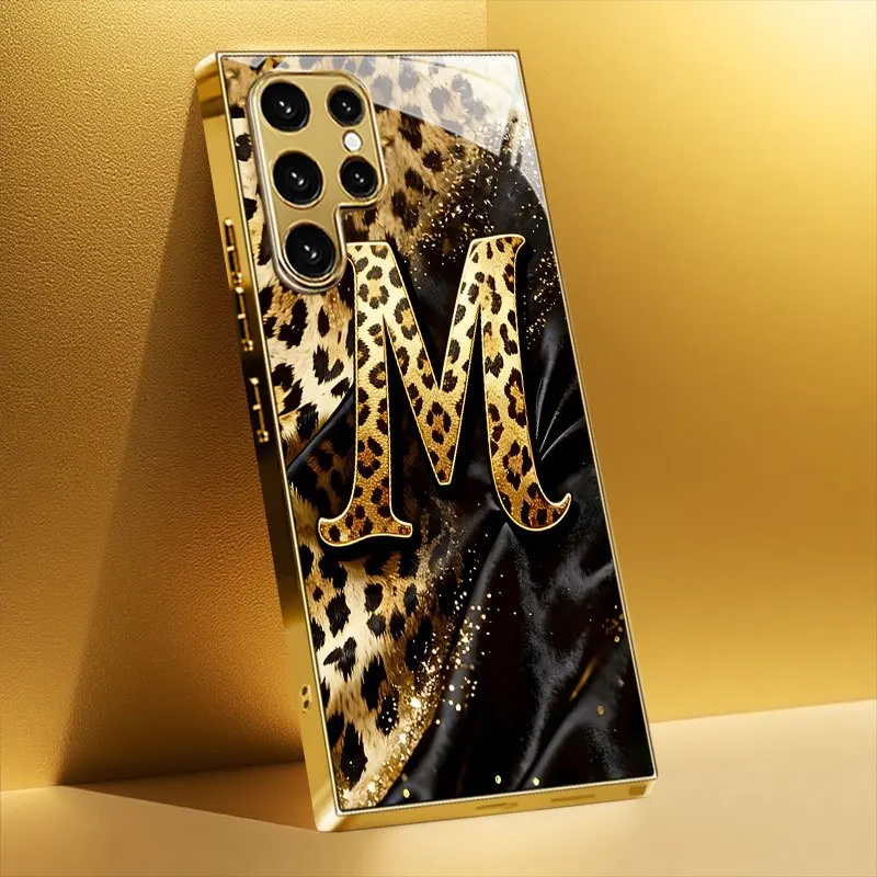 Leopard Initial M Luxury Golden Pattern Electroplated Glass Phone Case for Samsung Galaxy S26 S25 S24 S23 S22 S21 Ultra FE Cover