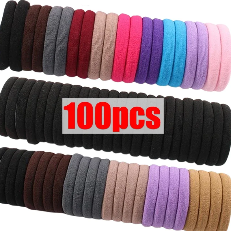 100Pcs Women Girls Basic Hair Bands Simple Solid Colors High Elastic Headband Hair Ropes Ties Hair Accessories Ponytail Holder