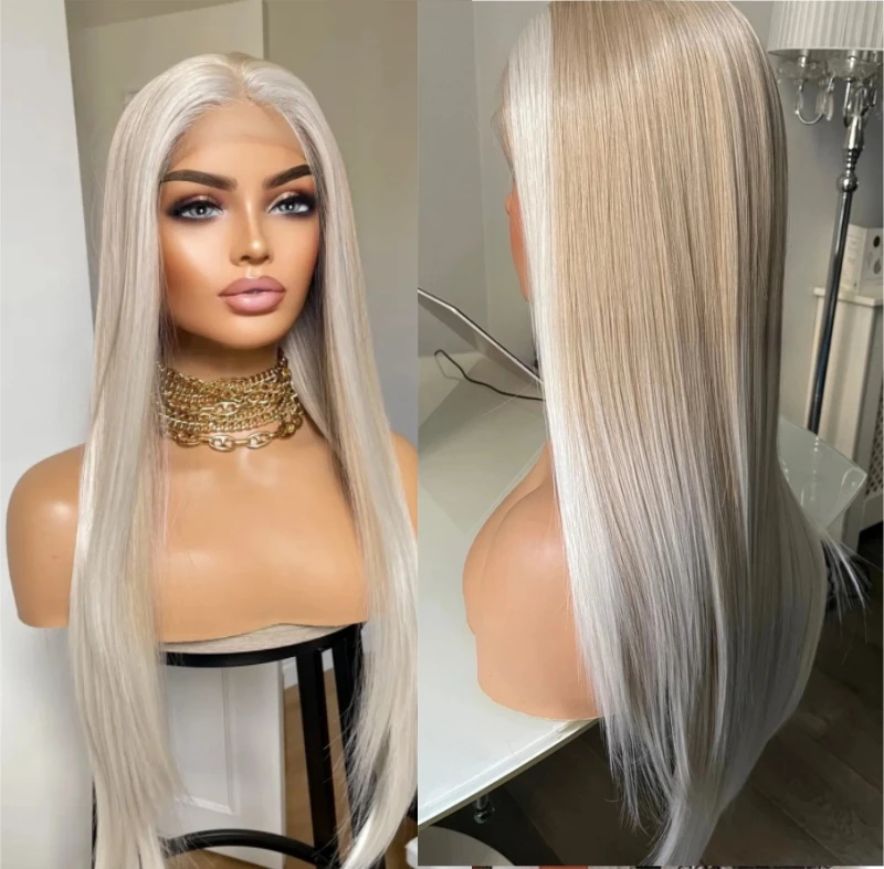 

Ombre Ash Grey Blonde Straight Heat Safe Lace Front Synthetic Wig Glueless Natural Looking Realistic Hairline Wig With Baby Hair