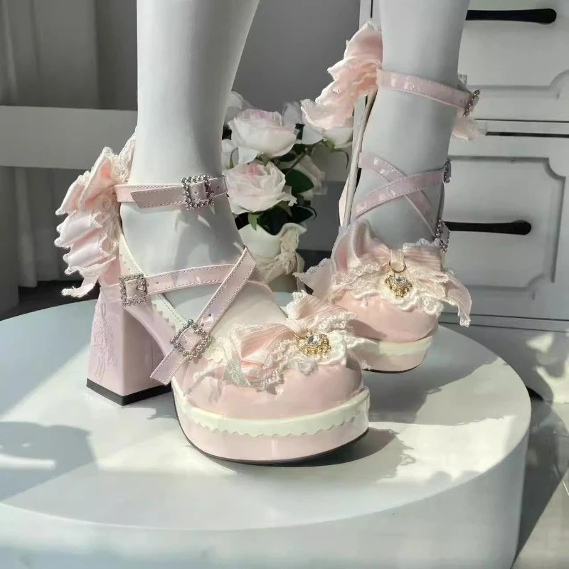 Japanese Kawaii Lolita Style High Heels Women Sweet Round Head Bow Lace Patent Leather Mary Jane Shoes Harajuku Y2k Party Pumps