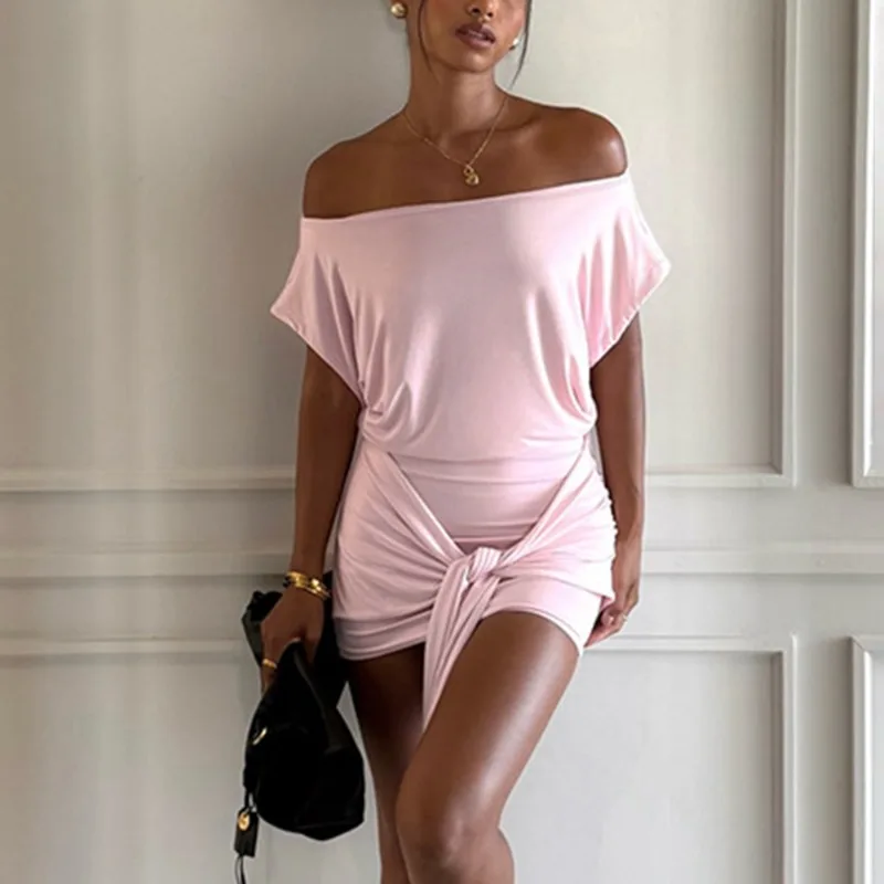

Talenza Pink One Shoulder Dress Summer Sexy Sleeveless Lace Twist Patchwork Mini Dress New Fashion Women's Casual Dress Vestidos