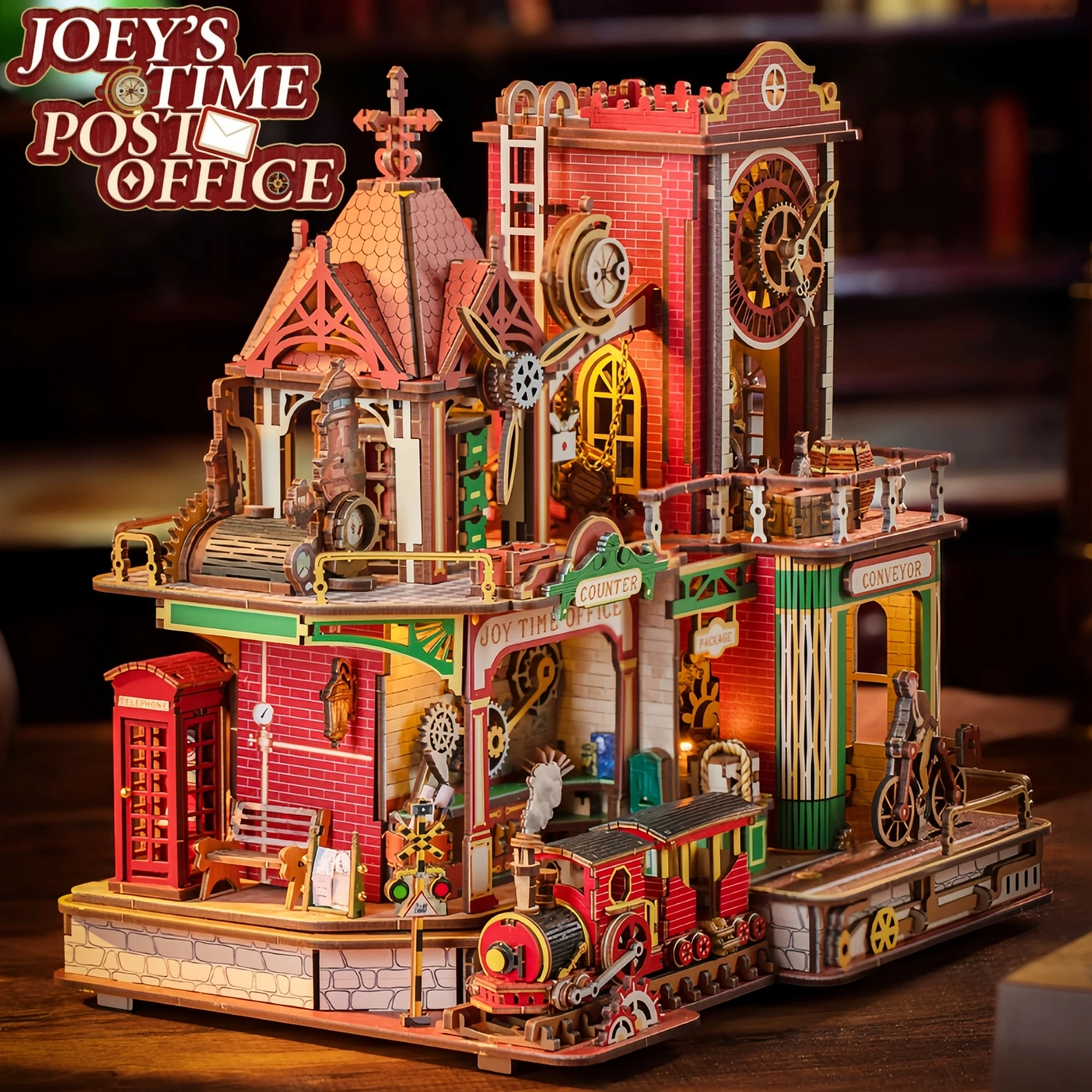 Joy Time Post Office DIY Book Nook,Steampunk Wooden Dollhouse Kit Touch Light Mini House Bookend Decor Craft Gift for Adults