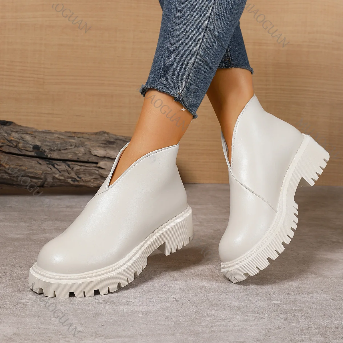 2025 Autumn New Thick Sole Ankle Boots for Women Chunky High Heel Back Zipper Short Botines Casual Solid Round Toe Women Shoes