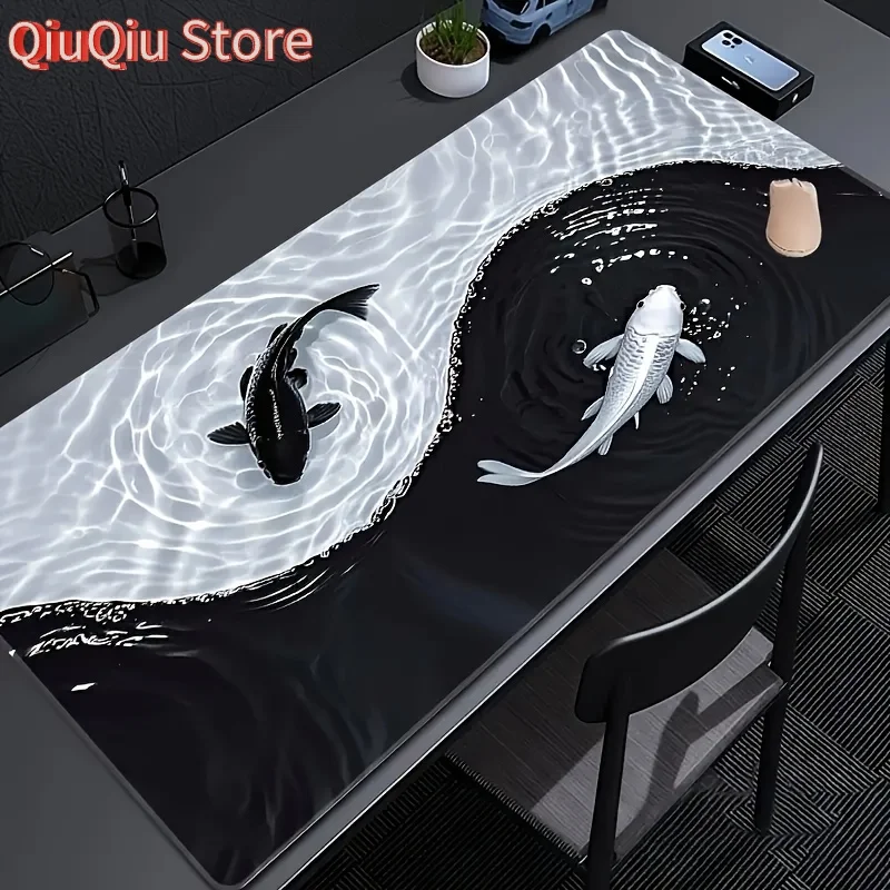 Japanische Schreibtischunterlage, schwarz-weißes Mauspad, Koi-Fisch, japanisches Kunstsiegel, Yin-Yang-Fisch, große Gaming-Schreibtischunterlage, Gummi-Mauspad, 80 x 30 cm