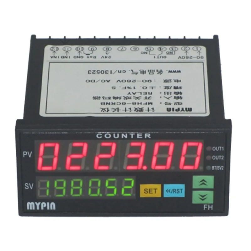 Mypin FH8-6CRRB Dual Display Digital Counter 6 Digits Light-Emitting Diode AC/DC Length Meter Black