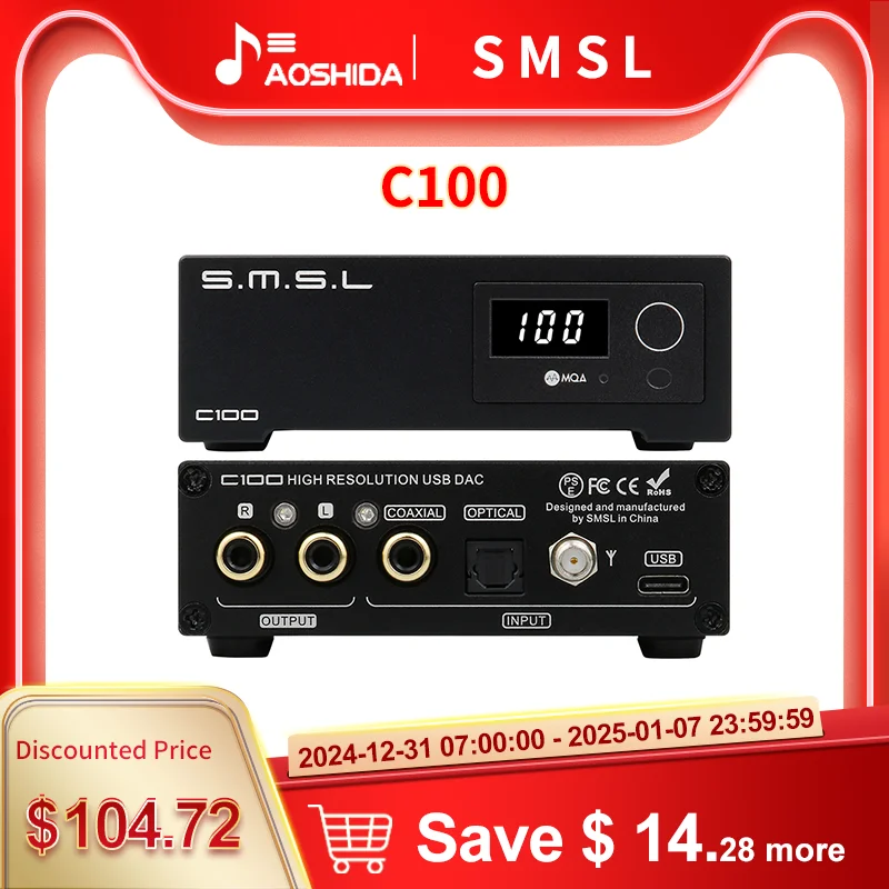 SMSL C100 USB MQA DAC AK4493S XMOS XU316 DSD512 32Bit 768KHZ CK-03 Clock Optical Coaxial Bluetooth Decoder With Remote Control