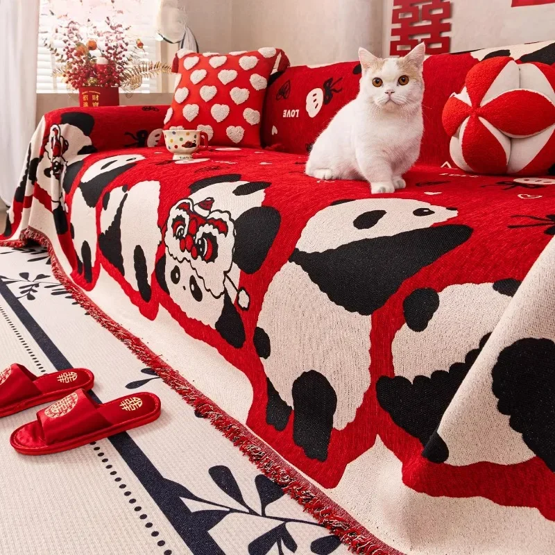 Retro Red Sofa Towel New Year's Style Anti-cat Scratch Wedding Decoration One Piece Autumn and Winter Cover Towel