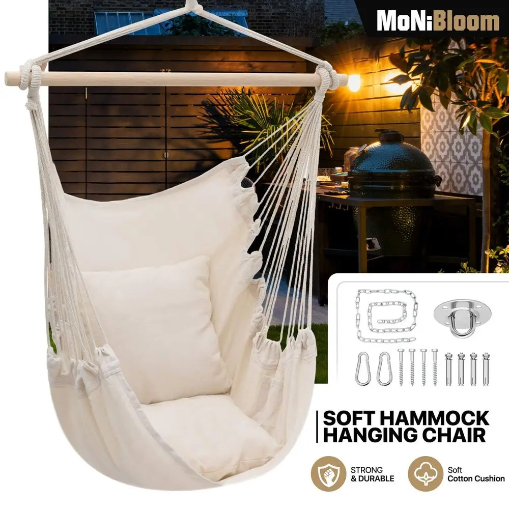 

Hammock Chair Hanging Rope Swing W 2 Cushions, Boho Macrame Hanging Chair Max 350 Lbs Capacity W Pocket, Hardware Kit Included