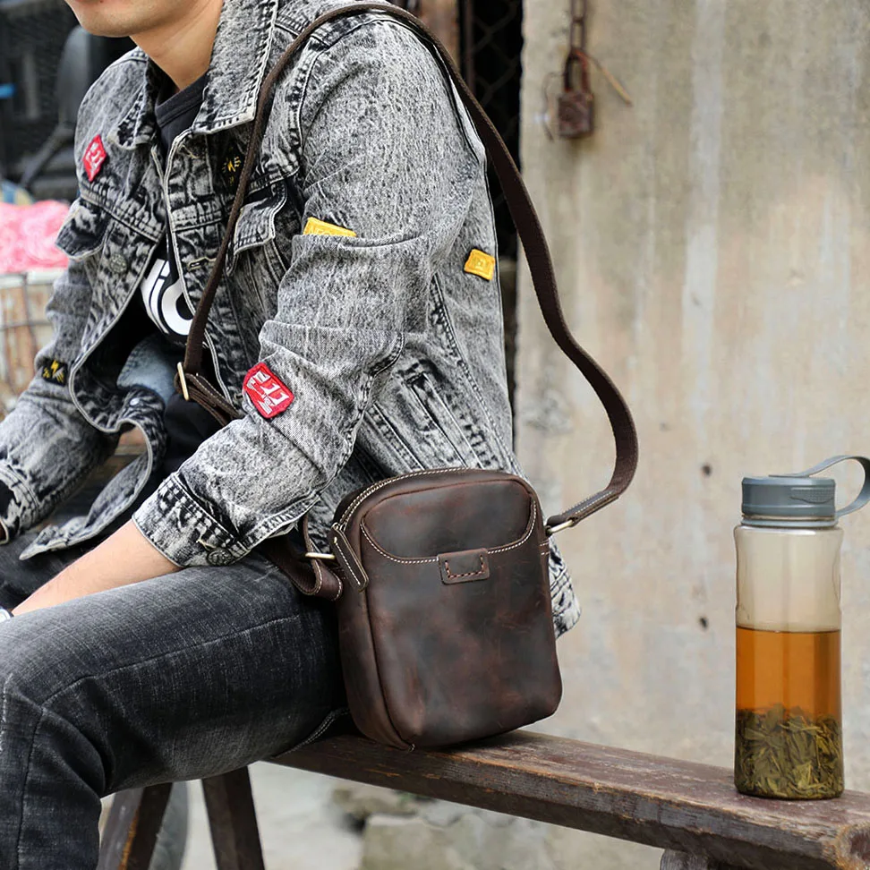 S.WORKER Vintage Echtleder Herren Umhängetaschen Crossbody-Taschen Crazy Horse Handgefertigte Mini-Tasche für Handy & Schlüssel – Detail 5