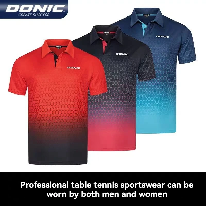 DONIC table tennis  shirts. Features gradient colors with a honeycomb pattern, short sleeves, Ideal for sports, offering comfort