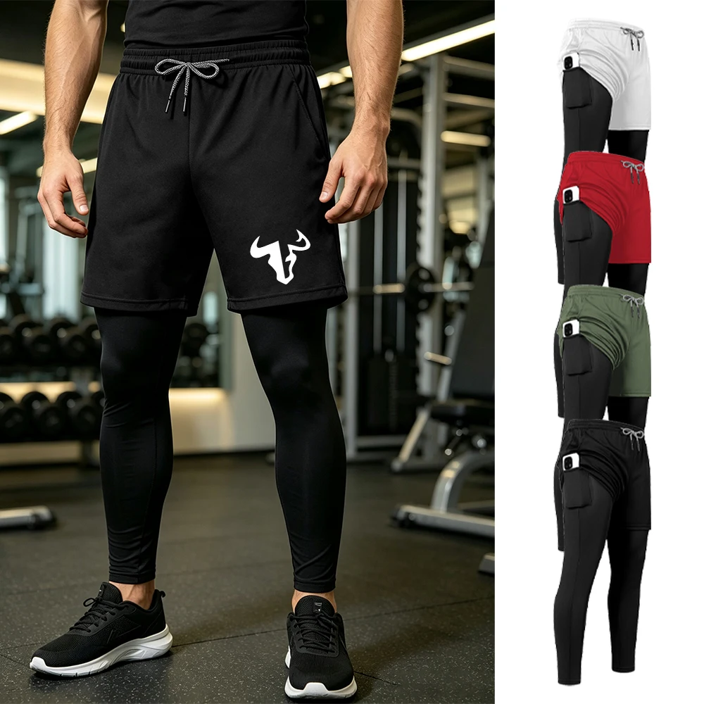 Men's Unique Bull Head Print 2 In 1 Athletic Pants Quick Dry Trousers For Running Fitness With Towel Loop And Phone Pocket