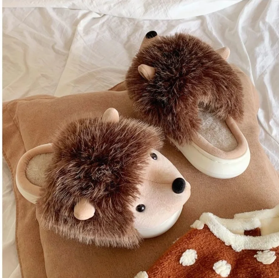 New Fuzzy Hedgehog Mules Slippers Woman Winter Warm Home Shoes Ladies Cozy Carton Animal Slipper Female Fluffy Slides Plush Shoe