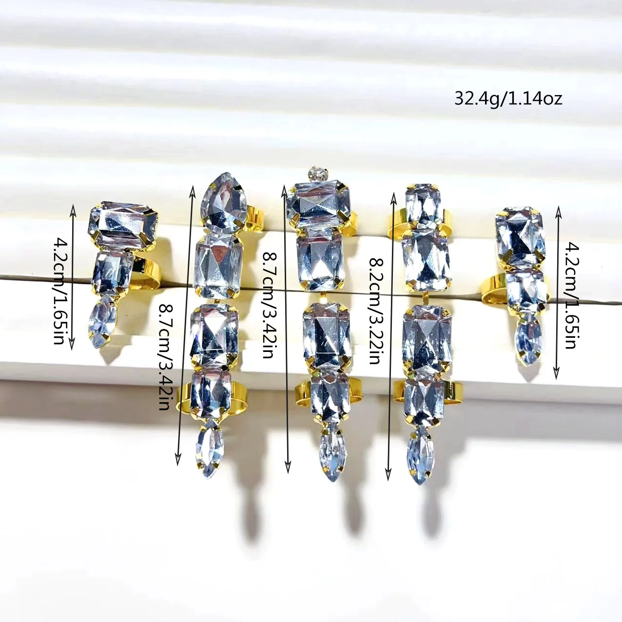 Fashion luxury 5-piece square crystal adjustable opening ring Women\'s wedding jewelry Luxury black rhinestone geometric opening